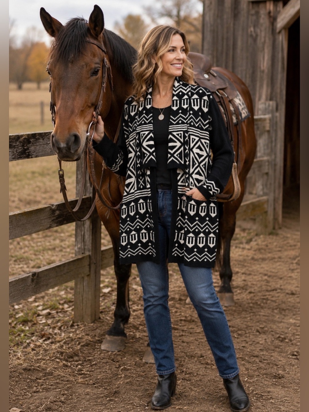 Extra Touch Black & White Yellowstone Sweater Cardigan